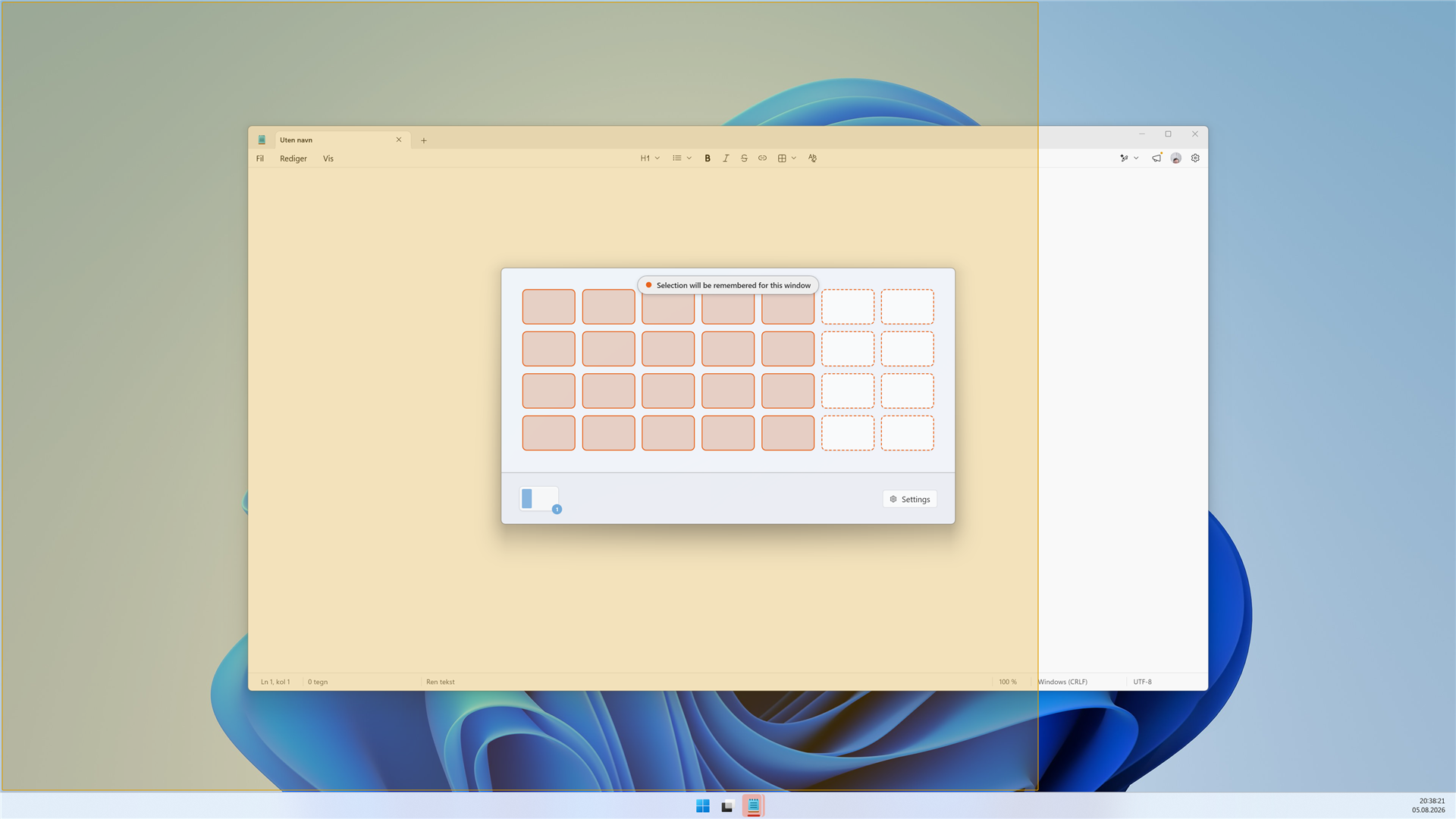The resize overlay during a Shift+drag: the selected cells and the remember banner are highlighted in orange, and the selected region is previewed on the screen behind.