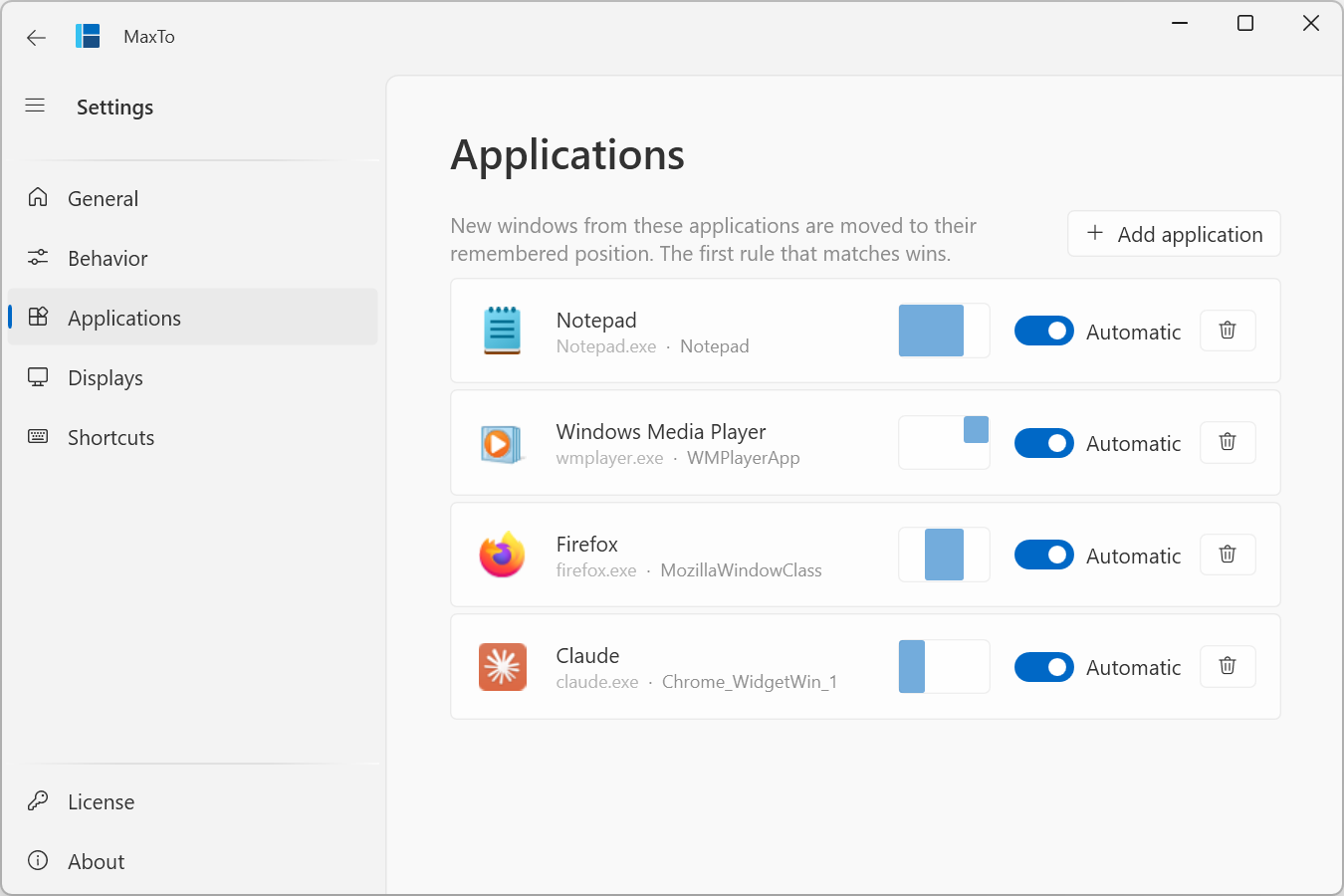 The Applications settings page listing remembered applications, each with a thumbnail of its region, an Automatic toggle and a Forget button.